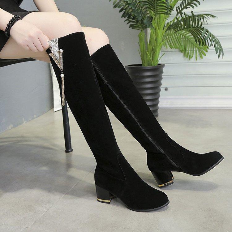 Модные зимние новые женские длинные сапоги модные высокие каблуки со стразами сапоги до колена с боковой молнией женские теплые плюшевые высокие сапоги