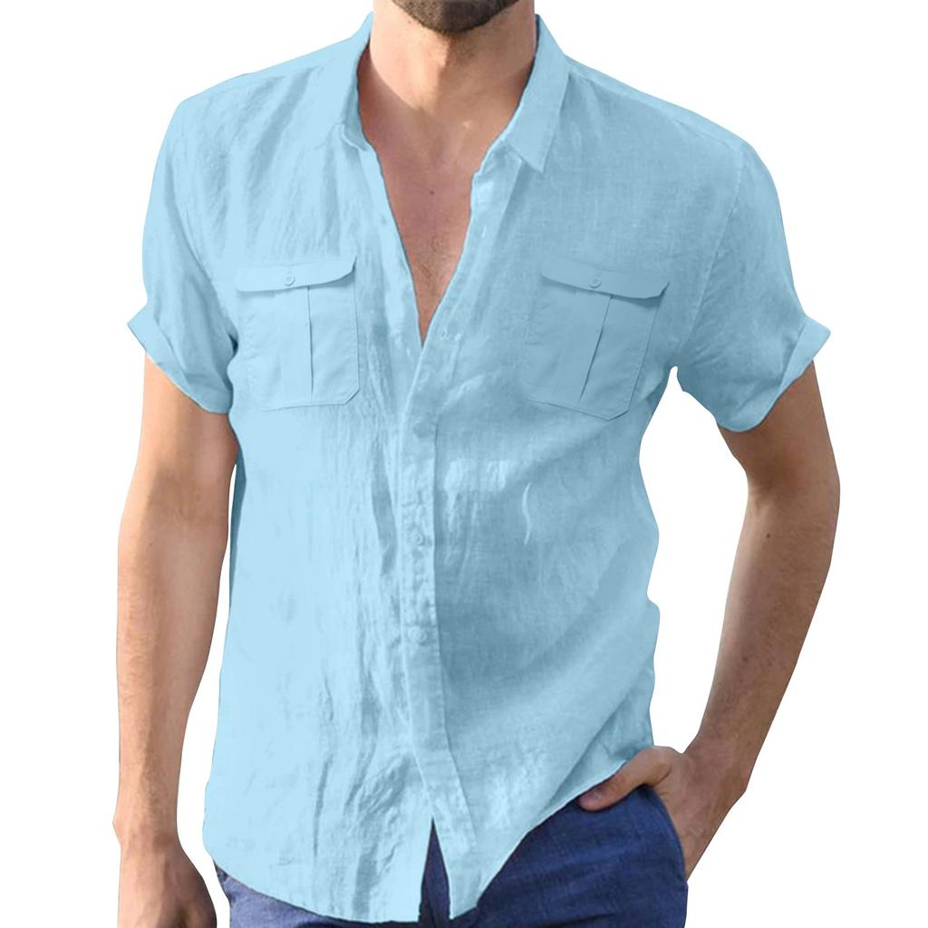Men's Summer Solid Color Cotton Linen Short Sleeve Shirt Casual Fashion Loose Lapel Shirt