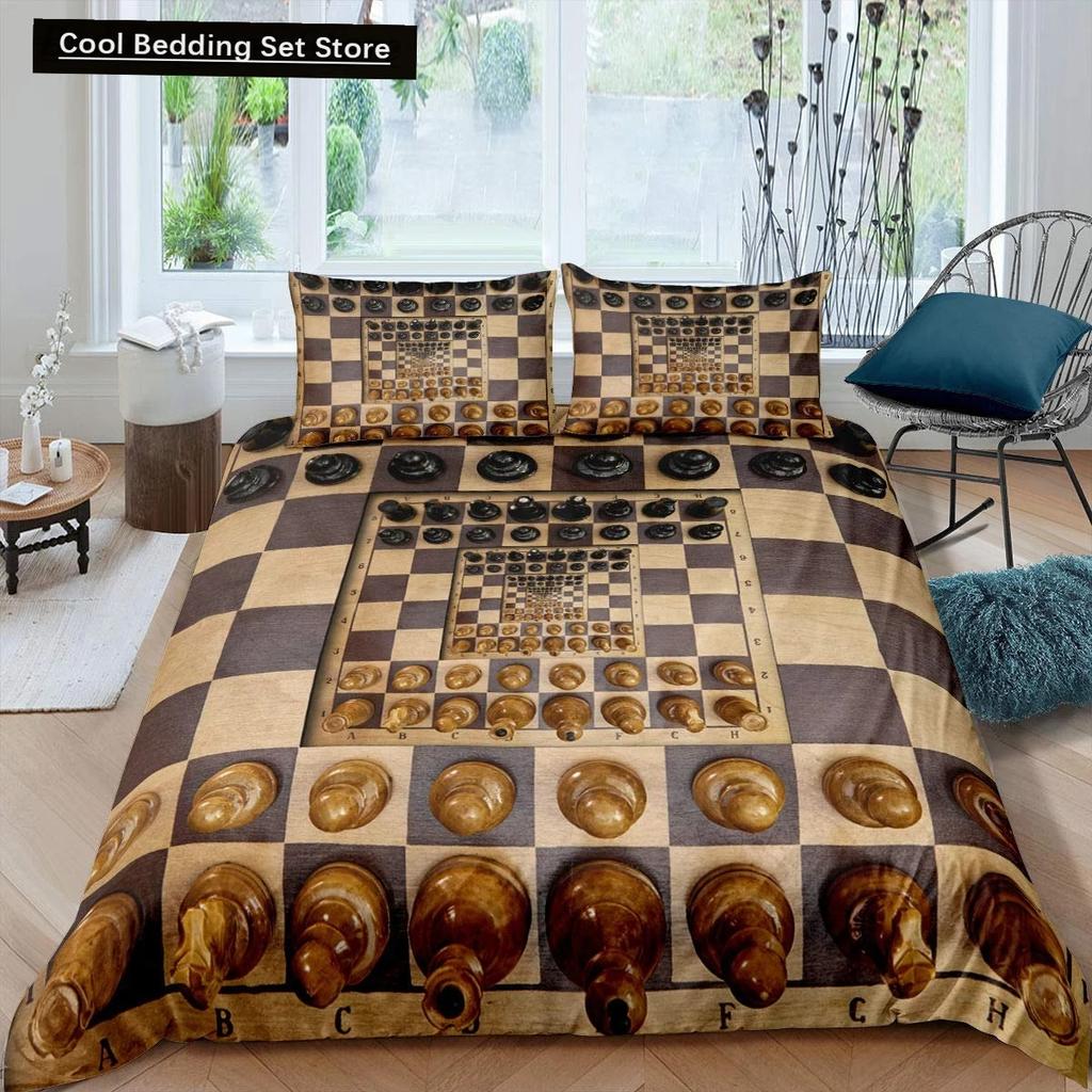 International Chess King Queen Duvet Cover Chess Board Bedding Set Black White Grid Quilt Cover Plaid Polyester Comforter Cover