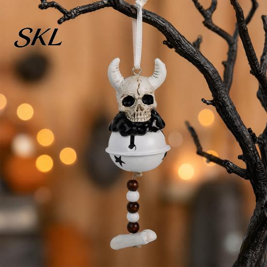 Reusable Halloween Bell Jingle Ornament, Gothic Bull Skull/Angel Wings Hanging Seasonal Decor Decoration for Tree, Party Home