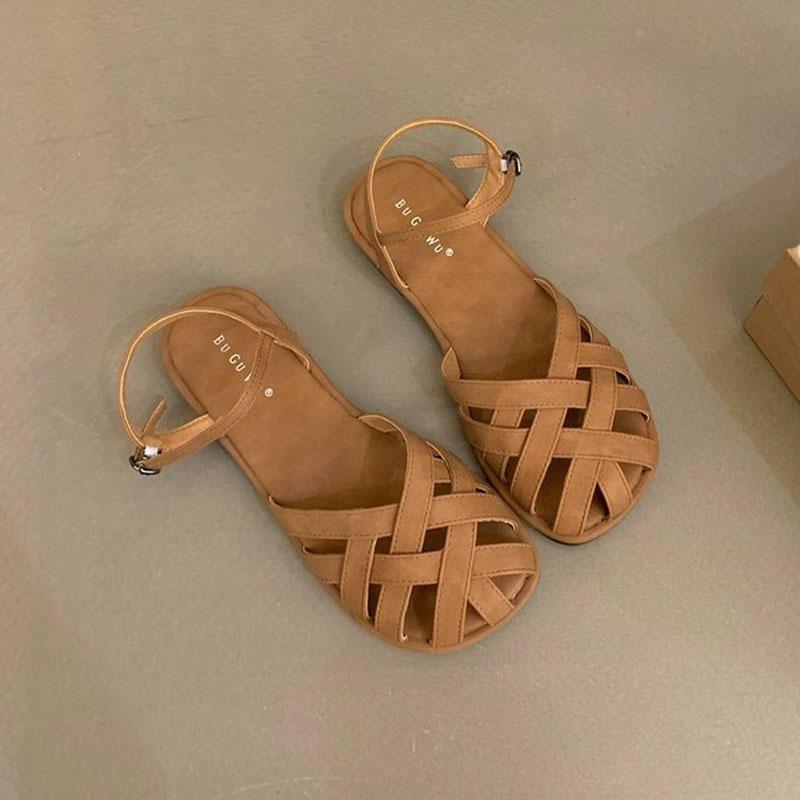 Сандалии женские 2024 новые летние модные французские мягкие кожаные плетеные плоские повседневные ретро-туфли Baotou Casual Sandalias De Mujer