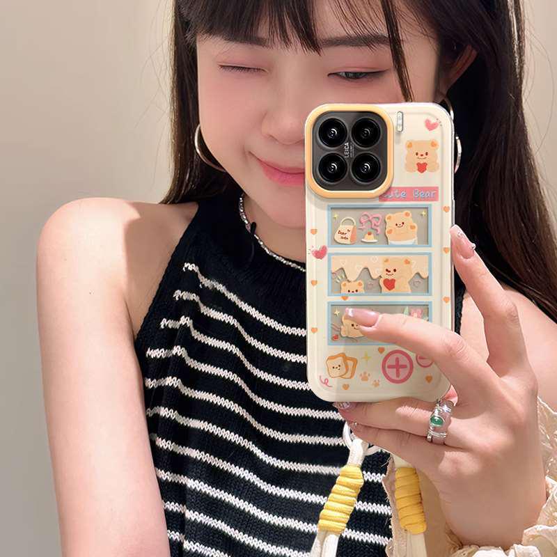 Силиконовый чехол для телефона Xiaomi 17 Pro Max с ремешком - Дизайн 'Медвежонок Пудинг'