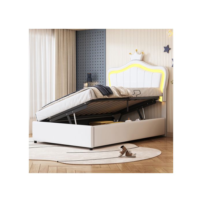 Lit d'enfant - MUVOE - 90x200 cm - Similicuir blanc - Éclairage LED - Rangement hydraulique