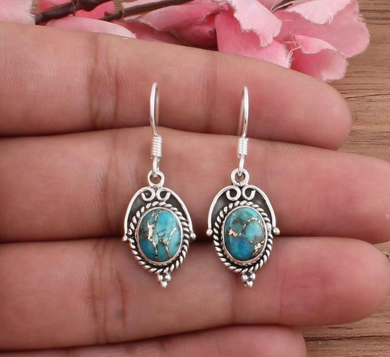 Solid 925 Sterling Silver Blue Copper Turquoise gemstone Boho Designer Dangle Drop Earrings Gift For Her