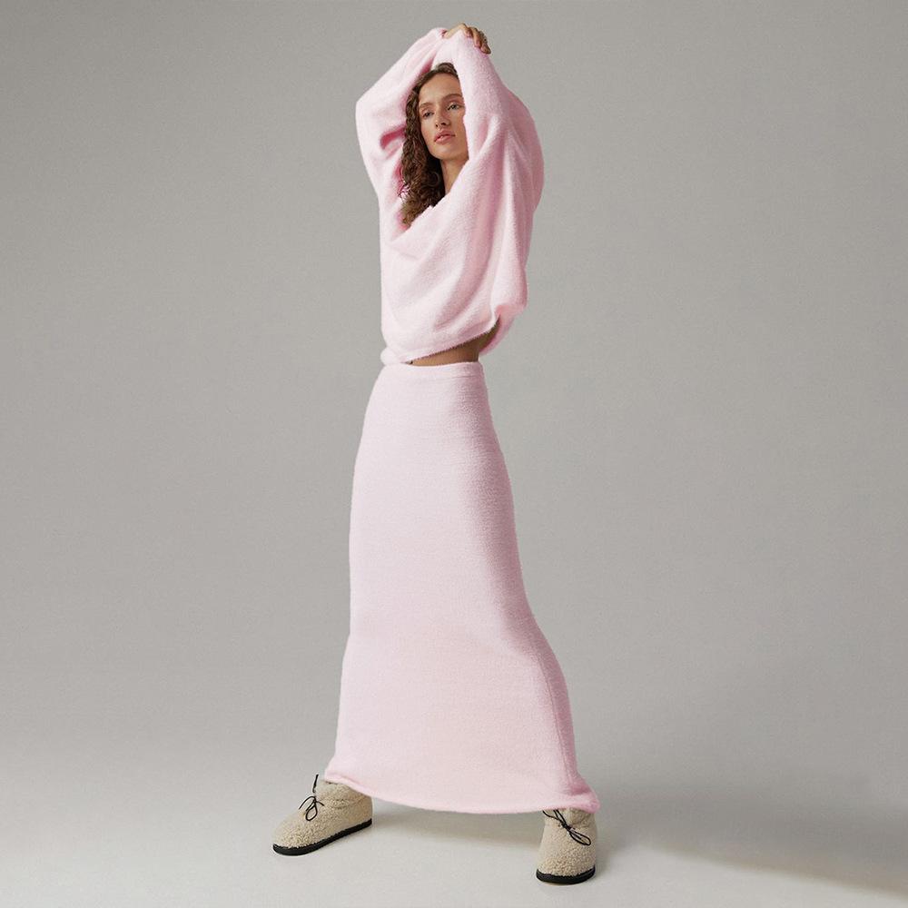 Imitation Mink Fur Sweater Set For Women's Autumn And Winter Commuting, Simple Knitted V-neck Sweater+skirt Set