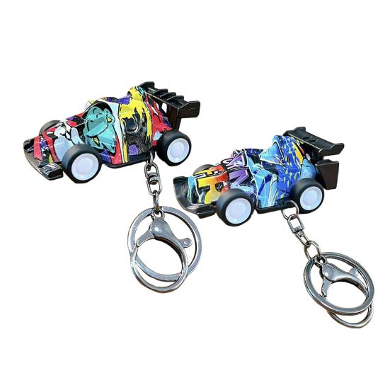 Go-cart Cartoon Keychain Pendant with Double-Ring Hook Anti-Detachable Design Decompression Tool Keychain Accessory