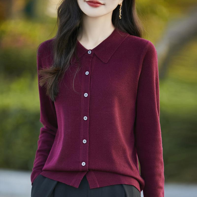 Тонкий кардиган из мериносовой шерсти с воротником поло - Коллекция Весна 2025, Однотонный, Свободный крой, Универсальная верхняя одежда.