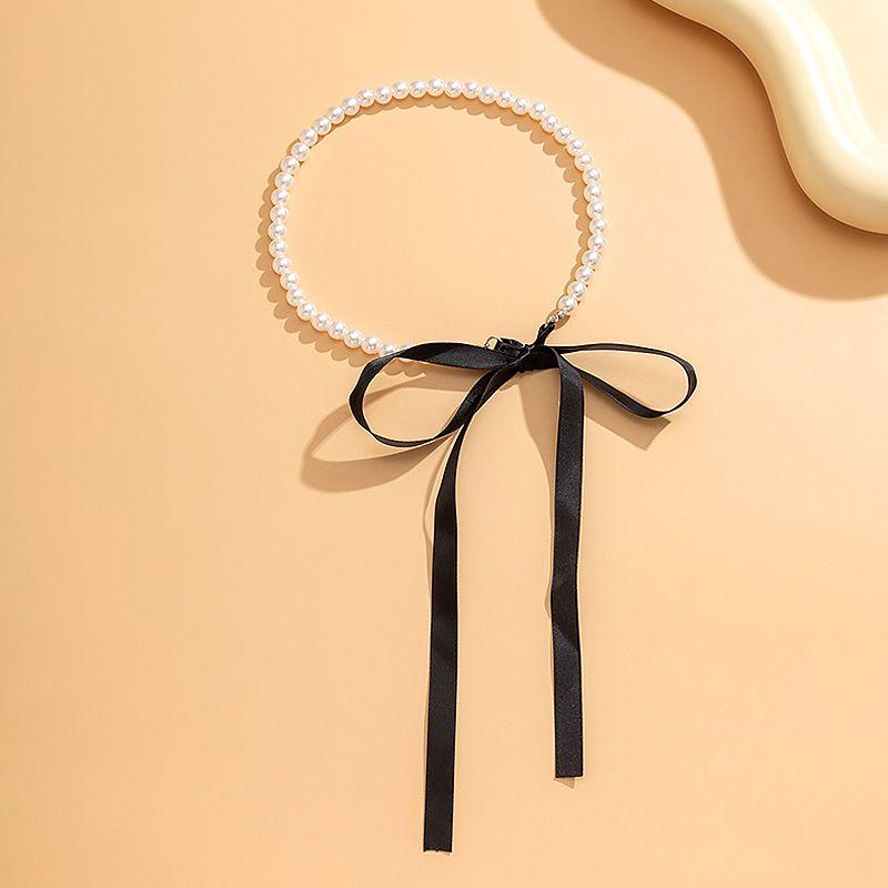 Women Ribbon Clavicle Chain Choker Imitation Elegant Y2K Bowknot Necklace Pearl Sweet Goth Black Accessories