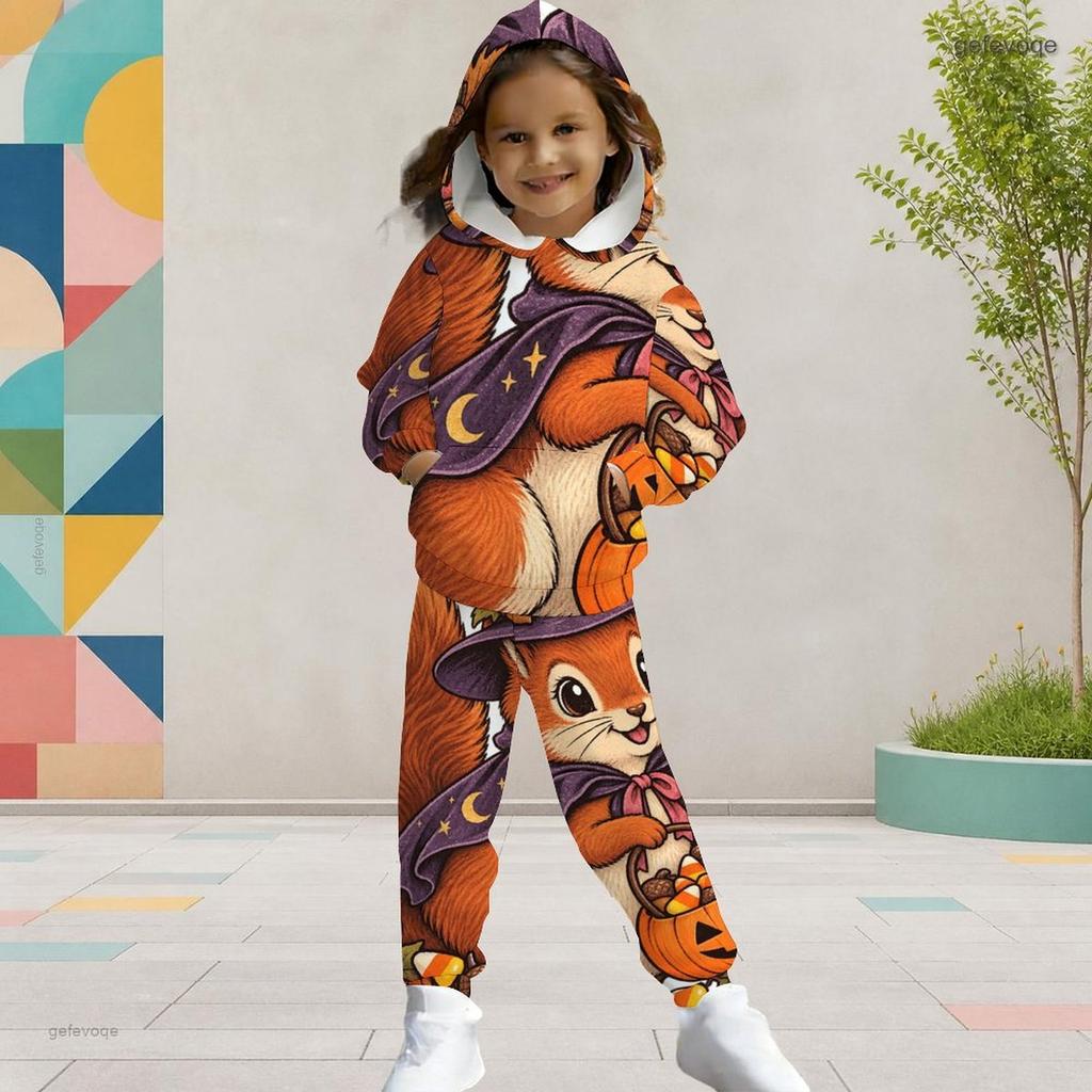 Girls Hooded Long Sleeve Turtle Printed Kangaroo Pocket Top Cuffed Pants Two Piece Set