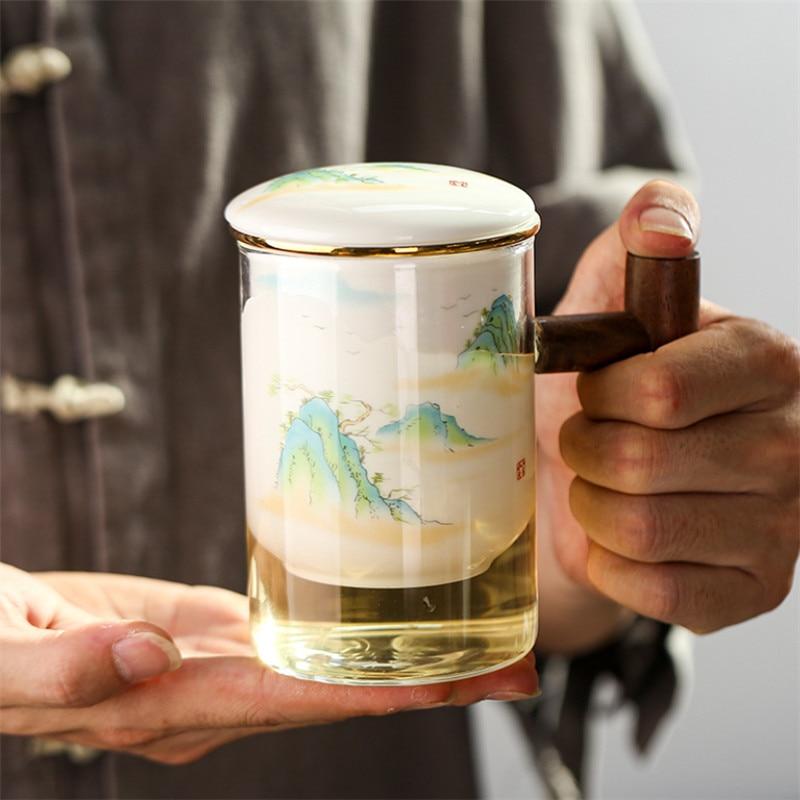 Креативная стеклянная чашка для разделения чая, керамическая чашка с фильтром, крышкой и деревянной ручкой, большая емкость, офисная кофейная кружка, посуда для напитков