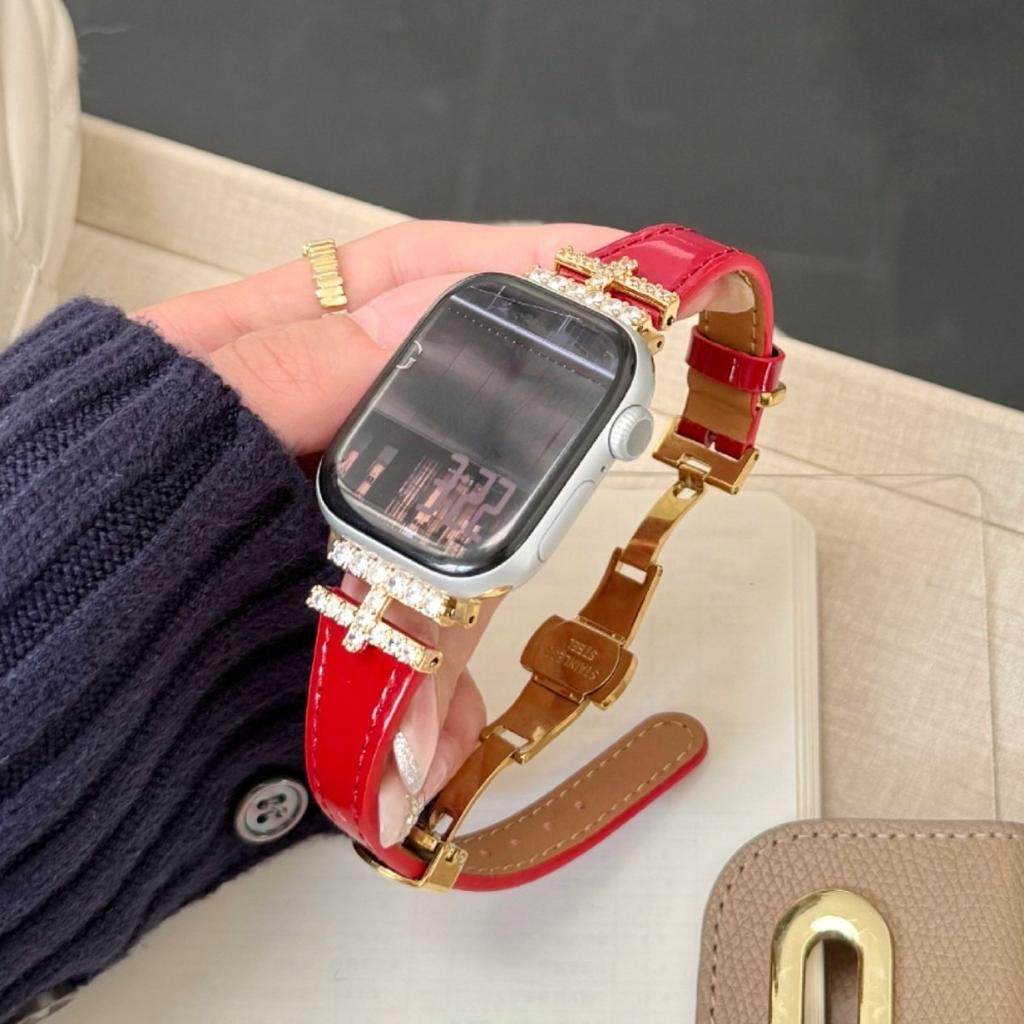 Роскошный ремешок для Apple Watch Ultra 49 мм, H-образная застежка-бабочка с бриллиантами, кожаный ремешок, подходит для iwatch Серии 11/10/9/8/SE3 46/45/44/42/41/40/38 мм