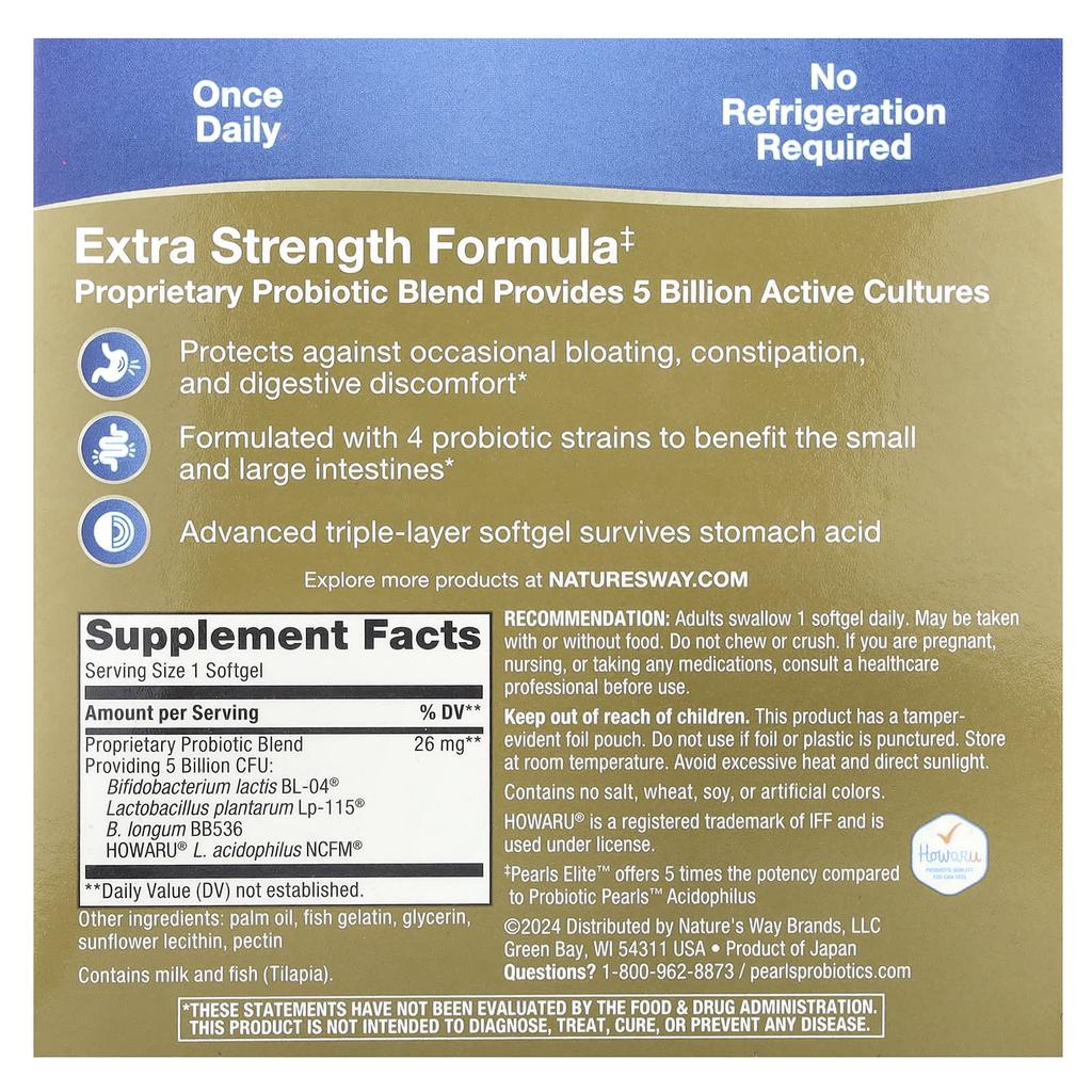 Nature'S Way, Pearls® Elite™ Extra Strength Probiotic, 5 Billion CFU, 30 Softgels