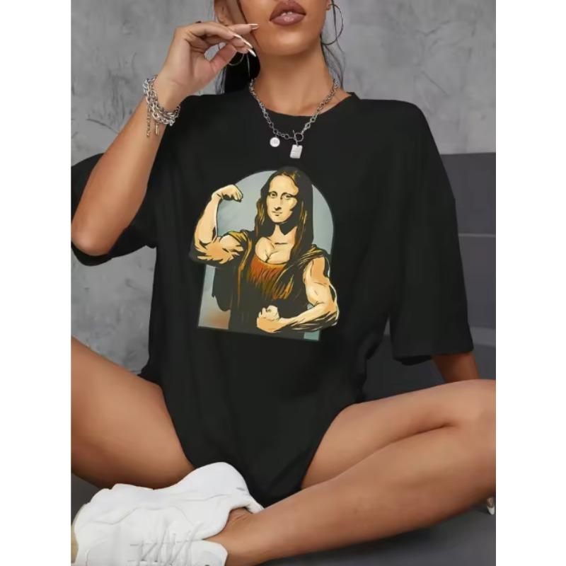 Playing Pranks on Mona Lisa Fitness Print Womens T Shirt Casual TShirt Casual Short Sleeve Loose Tshirt Women Clothes