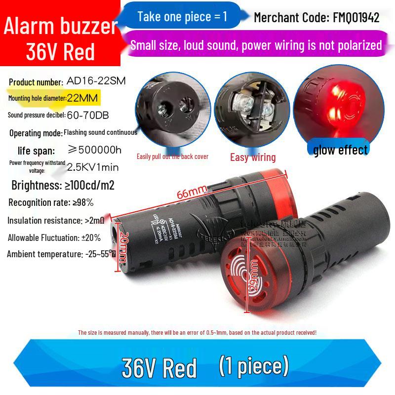 Buzzer with Intermittent Sound and LED Flashing Alarm AD16-22SM, Compatible with AC/DC 12V-220V