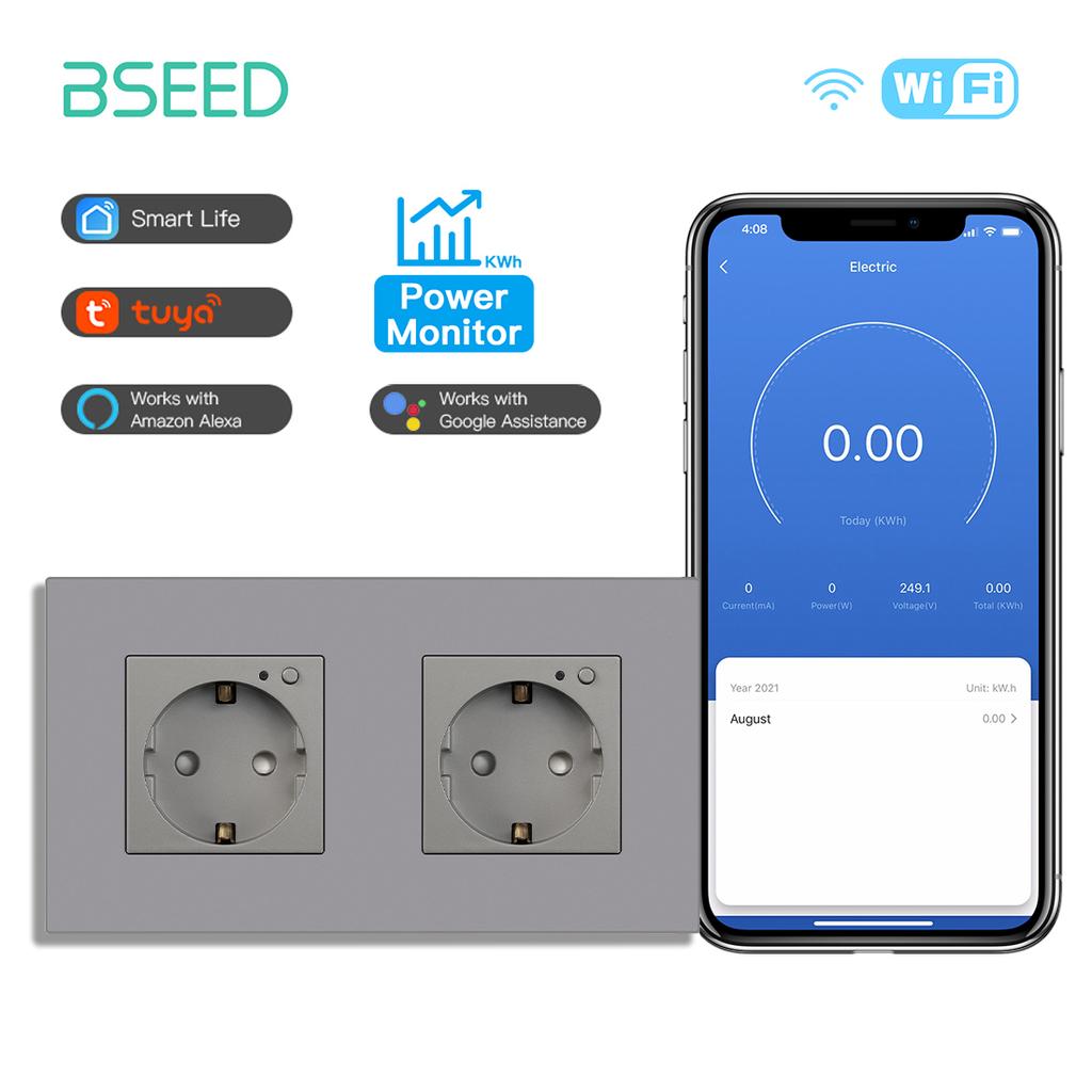 BSEED EU Smart Wifi Control Power Monitor Sockets 16A 110V-250V Power Wall Sockets Plastic Flame Support For Tuya Google Alexa