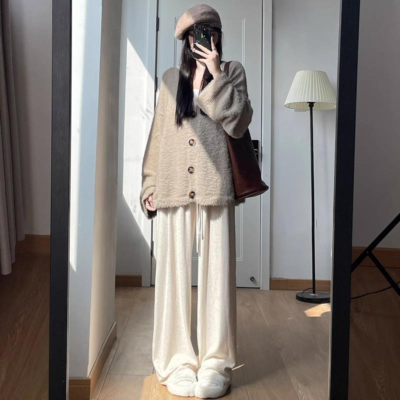 Женские трикотажные брюки с высокой талией и широкими штанинами Petite 145 - Весенне-осенние повседневные брюки свободного кроя с прямыми штанинами из клейкой рисовой ткани 150.