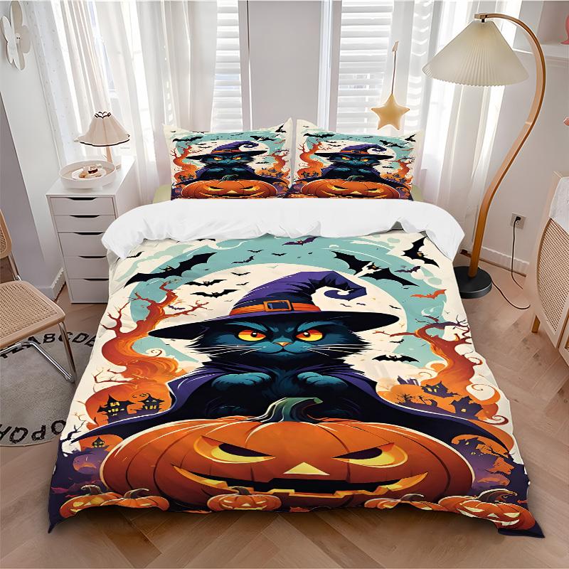 3pcs Halloween Cat Bedding Set, Includes 1 Comforter + 2 Pillowcases, Without Pillow Inserts, Soft Comfortable, Lightweight Breathable079