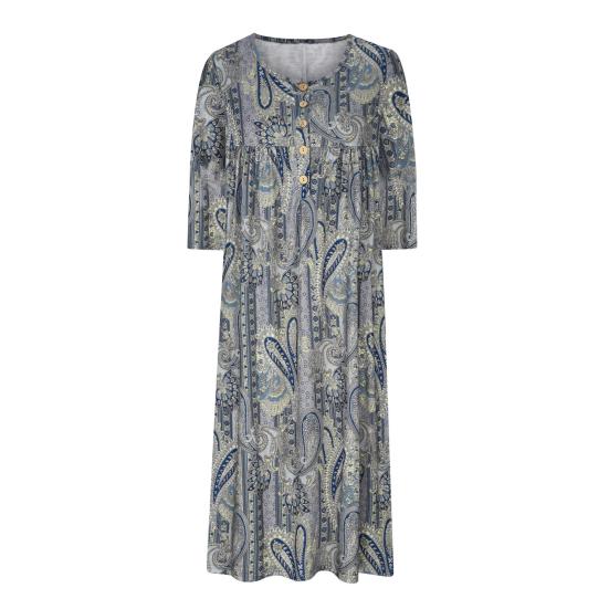 Summer Women Dress A-line Loose Hem Pleated O Neck Button Short Sleeve Loose Side Pockets Retro Floral Print Mid-calf Length Commute Beach Midi Dress