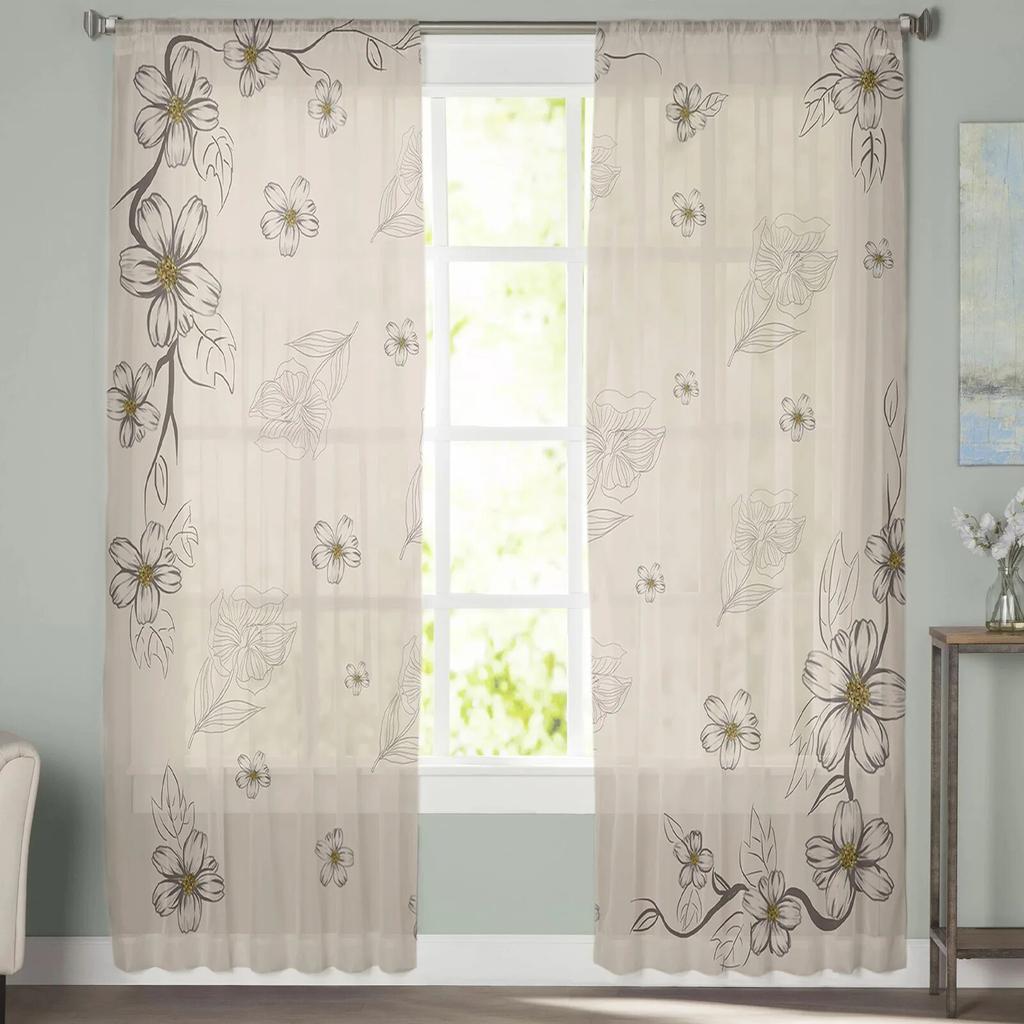 Цветочная линия листьев, прозрачная занавеска с ручным рисунком для спальни, тюль-вуаль, занавеска для кухни, декора гостиной, обработка окна