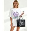 Black Oversized T Shirt With Purple Iris Flower Print For Casual Wear