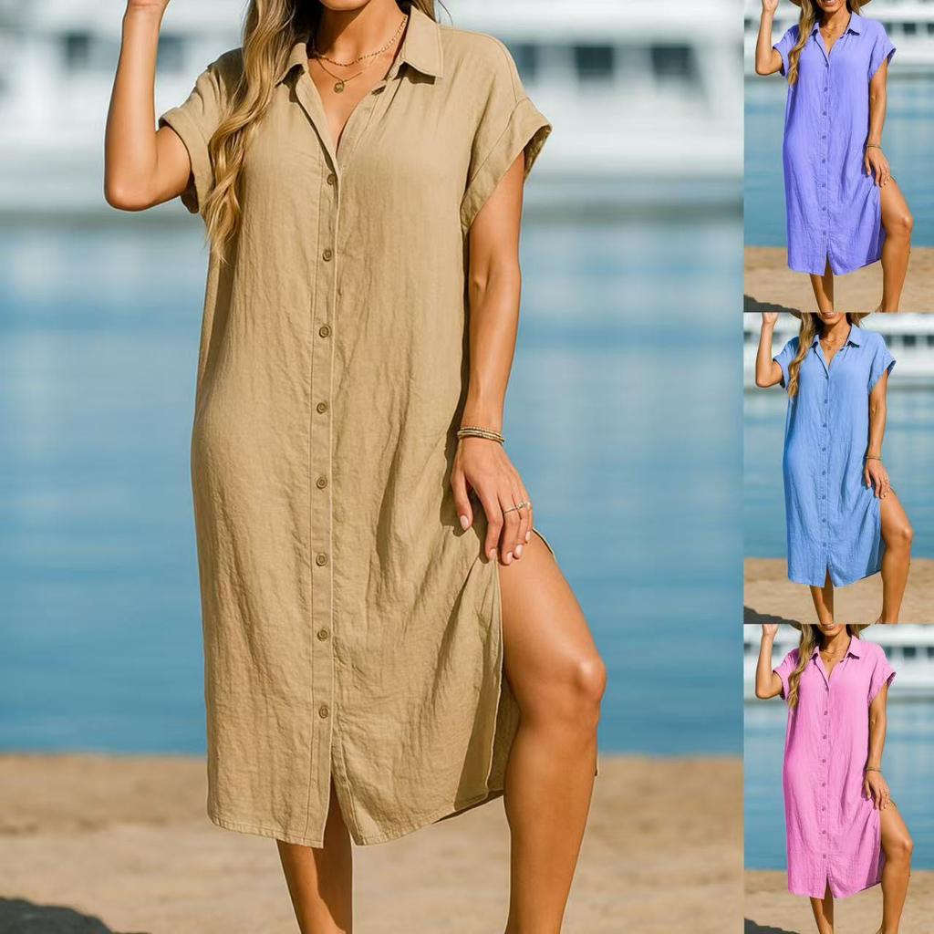 New Spring and Summer Cotton and Linen Shirt, Fashionable and Casual Short-sleeved Cardigan Dress