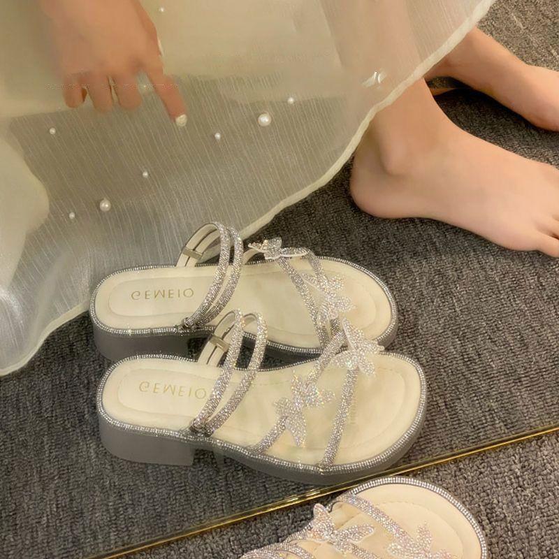 Beautiful two wear sandals 2024 summer new wear Internet celebrity butterfly rhinestone one-word drag fairy wind beach slippers woman