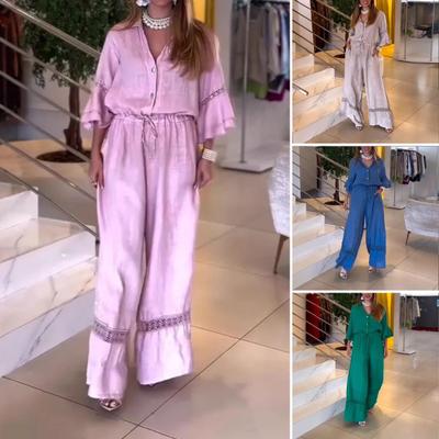 Женские комбинезоны с широкими штанинами, застегивающиеся на пуговицы, с V-образным вырезом, 45720, с рукавами-оборками, летний комбинезон