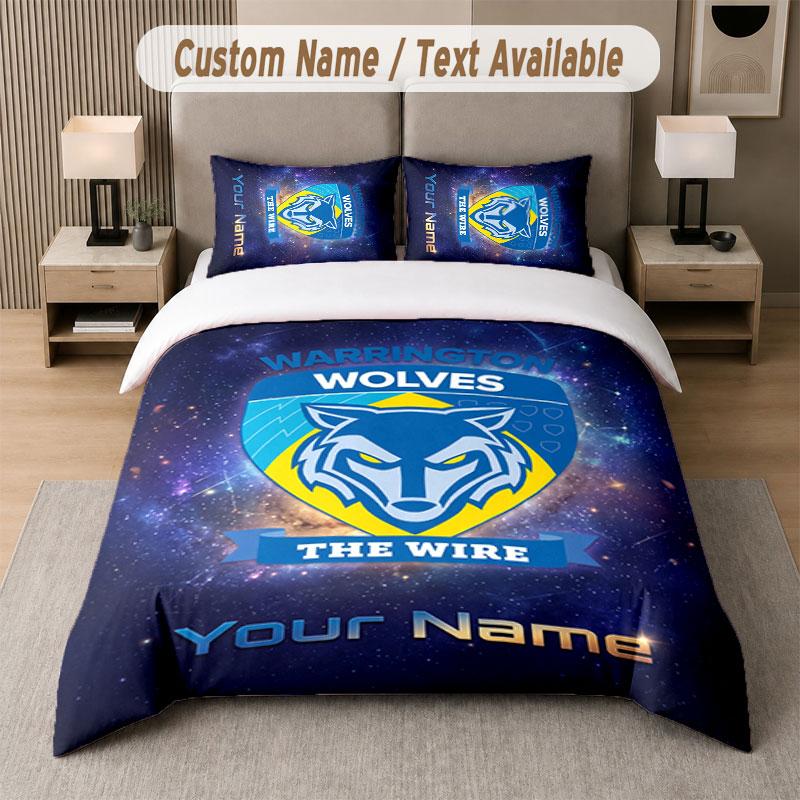 Custom Bedding Set Warrington Wolves FC Pattern, Print Name Text 1 Duvet Cover plus 2 Pillowcases Home Textile