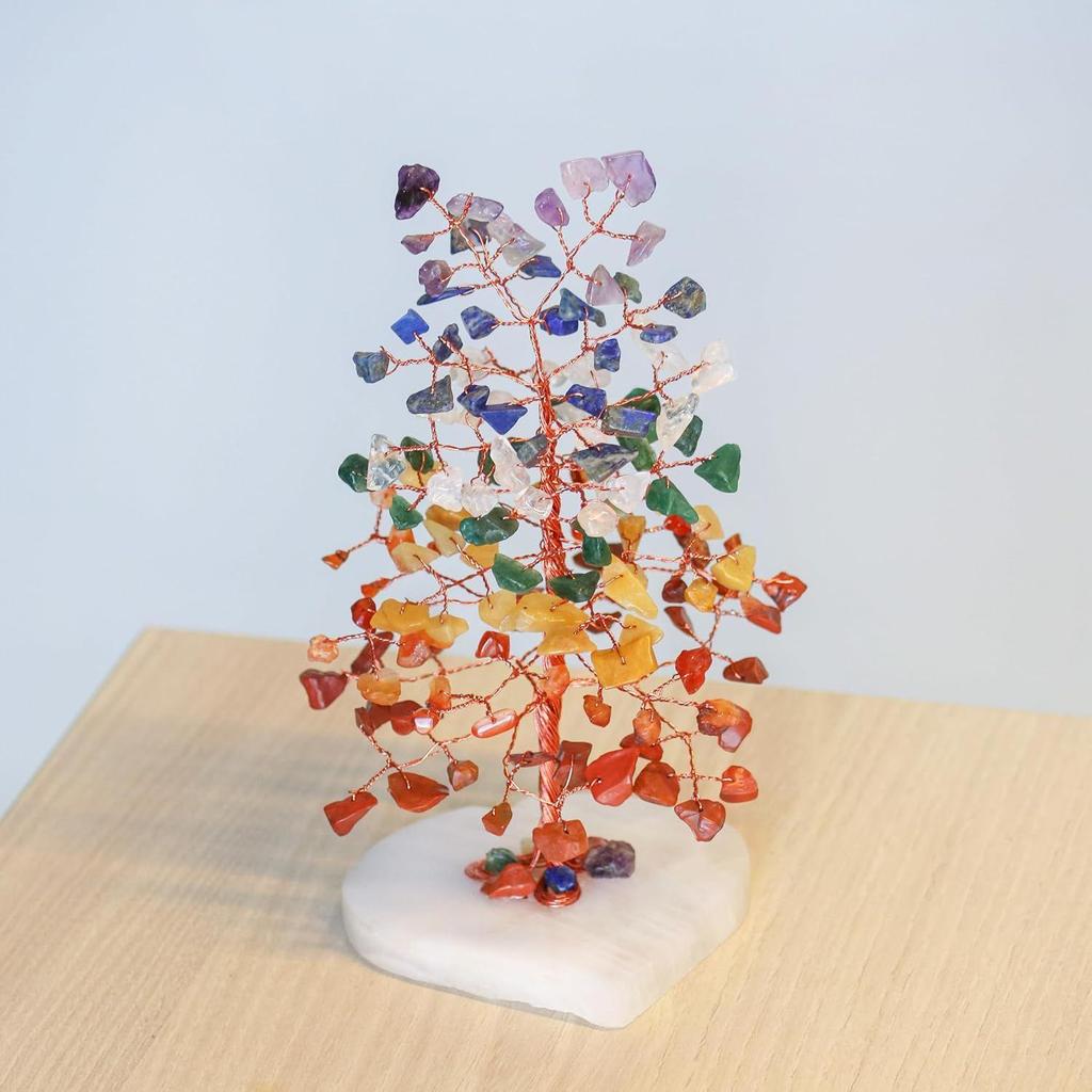 Дерево бонсай из драгоценных камней с целебными кристаллами – основа в форме сердца из 7 чакр, образец фен-шуй, декор для дома и офиса – подарок на новоселье – дерево чакр