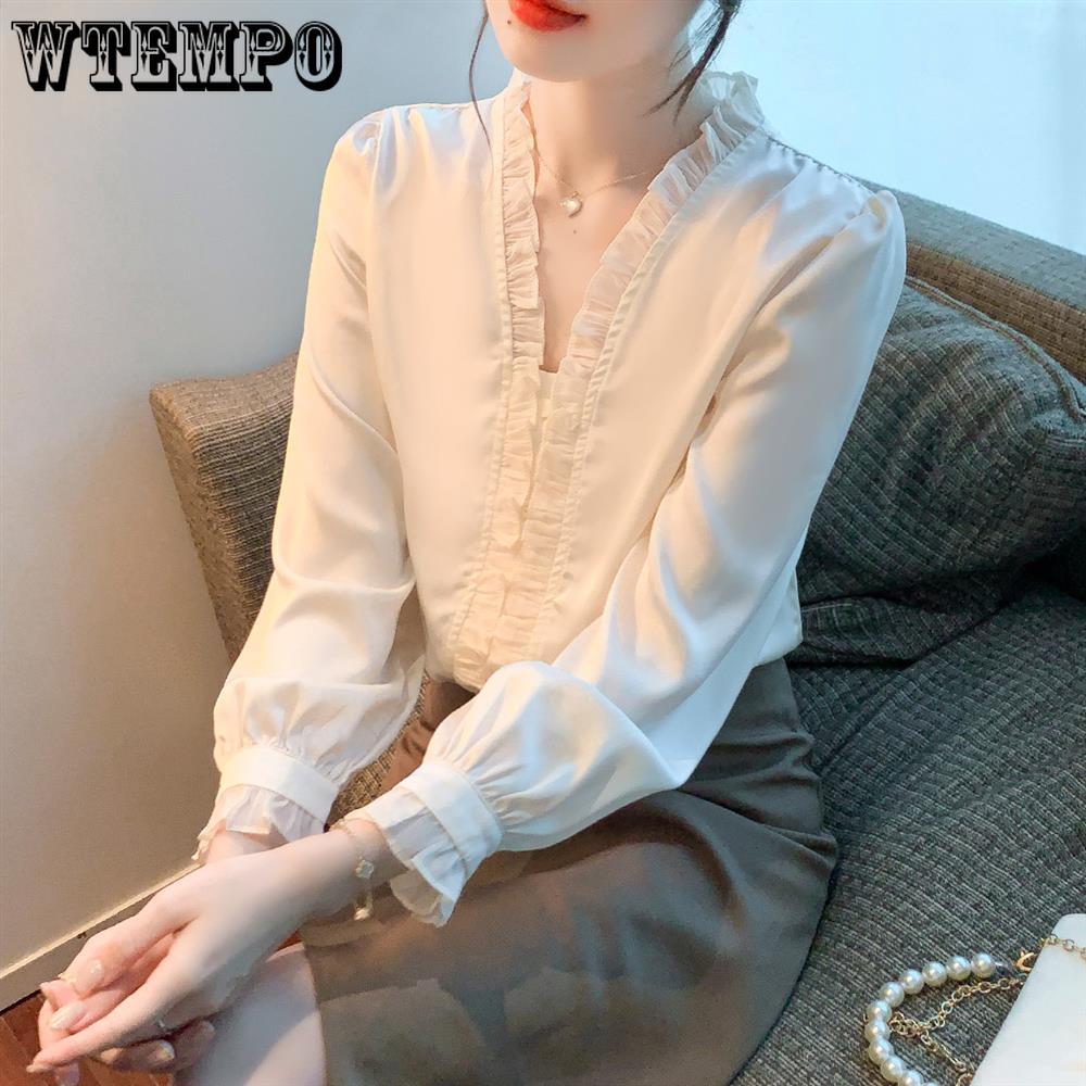 Женская шифоновая рубашка для ранней весны Женская одежда Базовая рубашка с длинным рукавом Маленькая рубашка