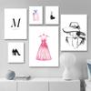 Модный художественный постер розовое платье на высоких каблуках для девочек, печать на холсте, настенная живопись, украшение для салона красоты для девочек, креативная картина