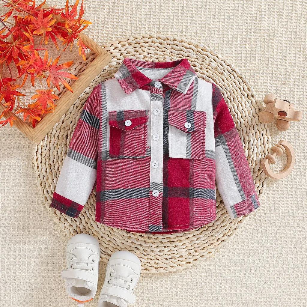 Toddler Baby Boy Girl Plaid Shirt Jacket Outfits Button Down Cardigan Kids Long Sleeve Coat Tops Fall Clothes