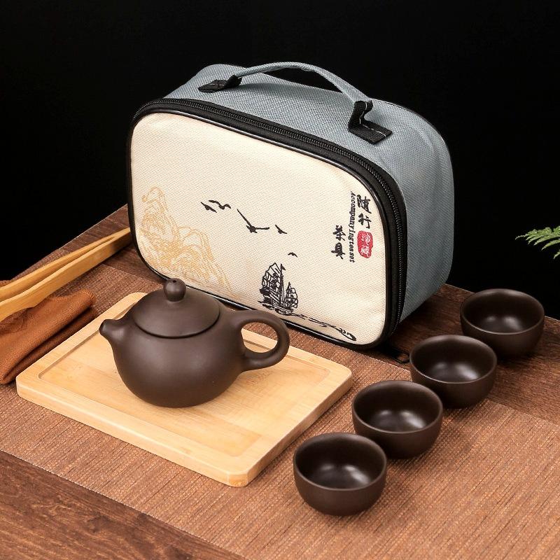 Travel Tea Set Retro Outdoor Portable Kung Fu Ceramics One Pot Four Cups with Tea Tray Company Gifts Cheap