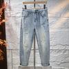 Spring Ripped Scar Repair Light Blue Stretch Jeans 8-point Men's Pants
