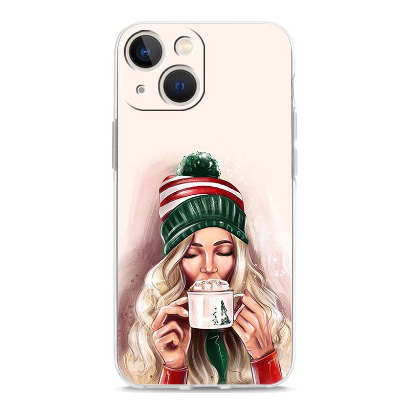 Christmas Art Girls Coffee Transparent Phone Case For iPhone 15 14 13 12 11 Pro Max XS X XR SE 7 8 Plus TPU Lens Protect Cover