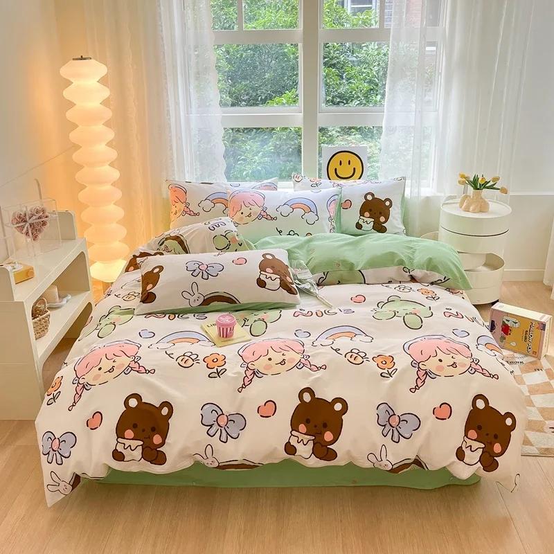 Комплект постельного белья из 3 предметов с цветными цветами в мультяшном стиле из 100% хлопка, мягкий и приятный на ощупь, с 2 наволочками