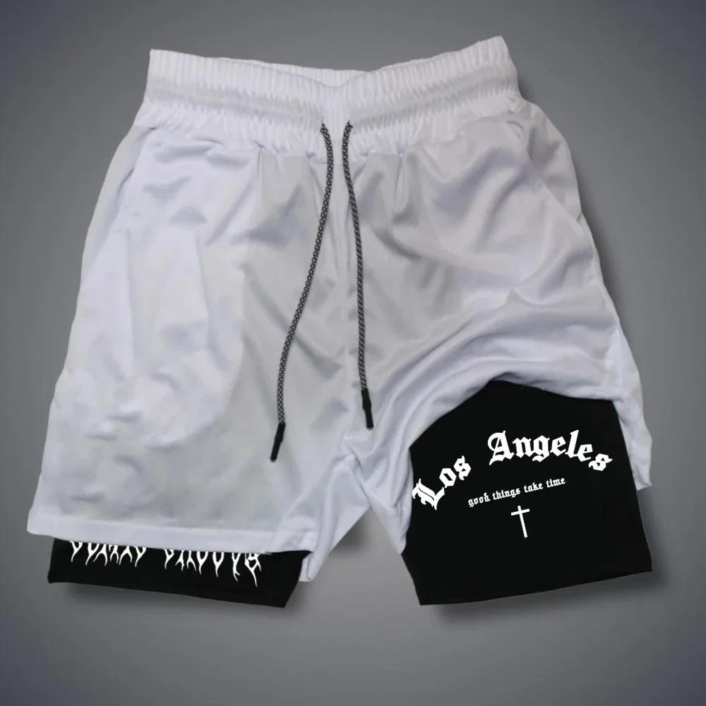 Men 2 In 1 Sports Shorts Gothic Pattern Short Pants Fitness Running Pant Sportswear Casual Shorts Summer Drawstring Jogging Pant