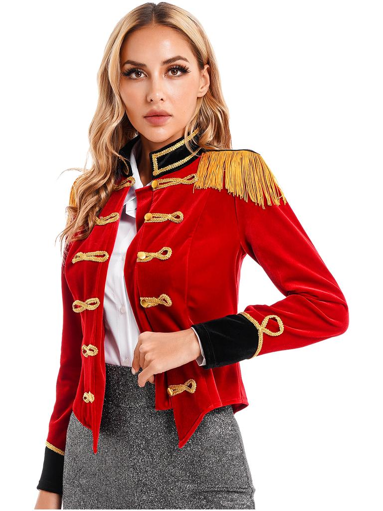 Womens Circus Ringmaster Costume Halloween Cosplay Stand Collar Fringed Shoulder Board Velvet Jacket