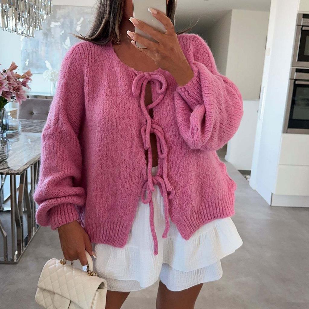 Women‘s Round Neck Long Sleeve Lace-Up Fitted Cardigan Coat