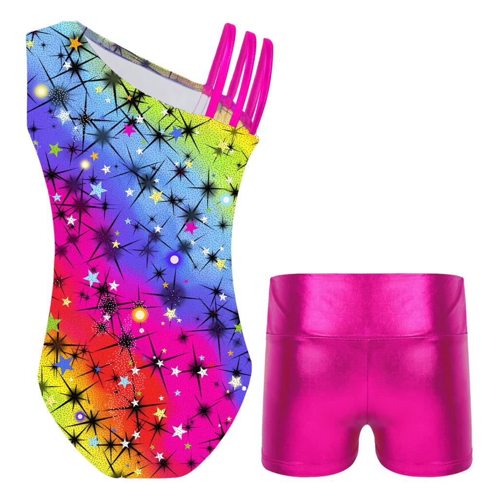 Детские гимнастические купальники без рукавов с асимметричными бретелями и шортами для девочек, спортивные танцевальные велосипедки