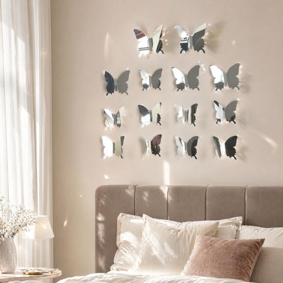 jijijing 12Pcs Butterfly Wall Decals, DIY 3D Mirror Stickers, Removable Decals for Birthday Party Bedroom School Bathroom Living Room Decor