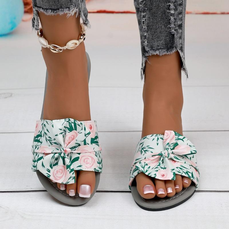 Fashion Butterfly-Knot Decoration Women Flat Slippers Fashion Print Woman Open Toe Slides Summer New Lightweight Slip On Women Shoes