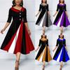 Women's Midi Dress Vintage V-Neck Half Sleeve Patchwork Dress Elegant Buttons Mid-Calf A-Line Dresses