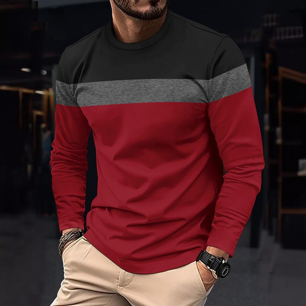 Autumn and Winter Plus Size Round Neck Long Sleeved Color Blocked Base Shirt Pullover Men's T-shirts