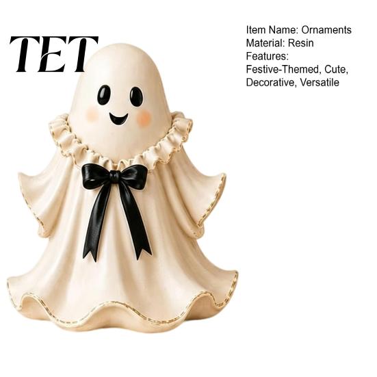 Retro Style Ghost Statue Halloween Resin Figurine with Wicker Basket, Cute Tabletop Holiday Party Table Centerpiece Decor, Ornament Organizer