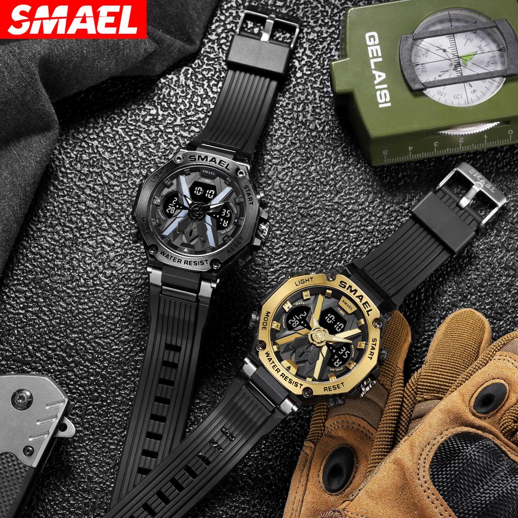 SMAEL Мужские спортивные часы, военные часы, светодиодные кварцевые часы с двойным дисплеем, секундомер, водонепроницаемые спортивные мужские наручные часы для спорта на открытом воздухе для мужчин 8087