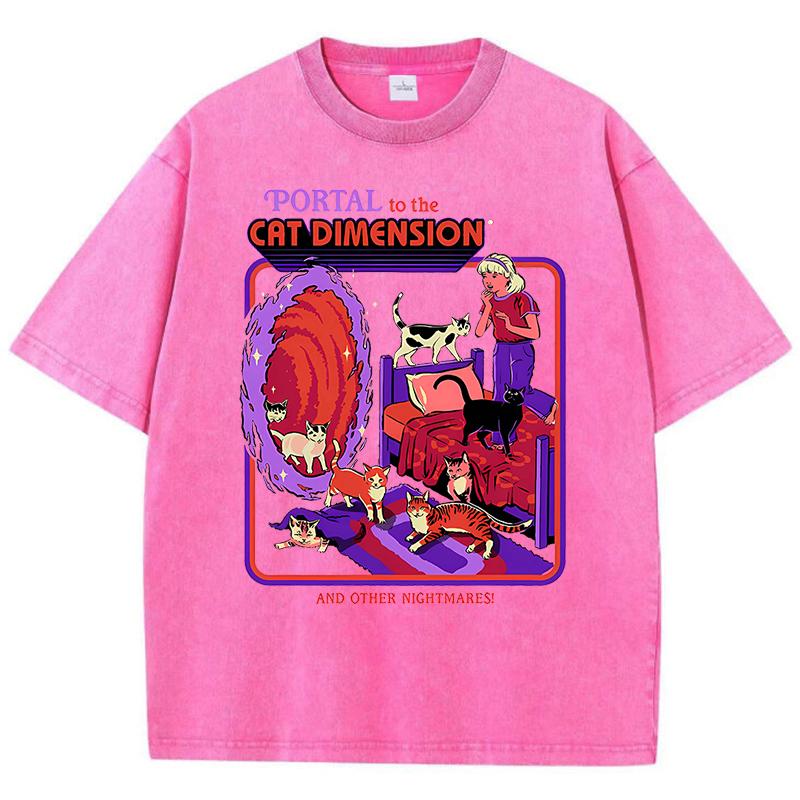 Портал для кота Измерение стирать ретро мужская одежда мода футболки уличная одежда хлопок свободные топы дышащая футболка пара