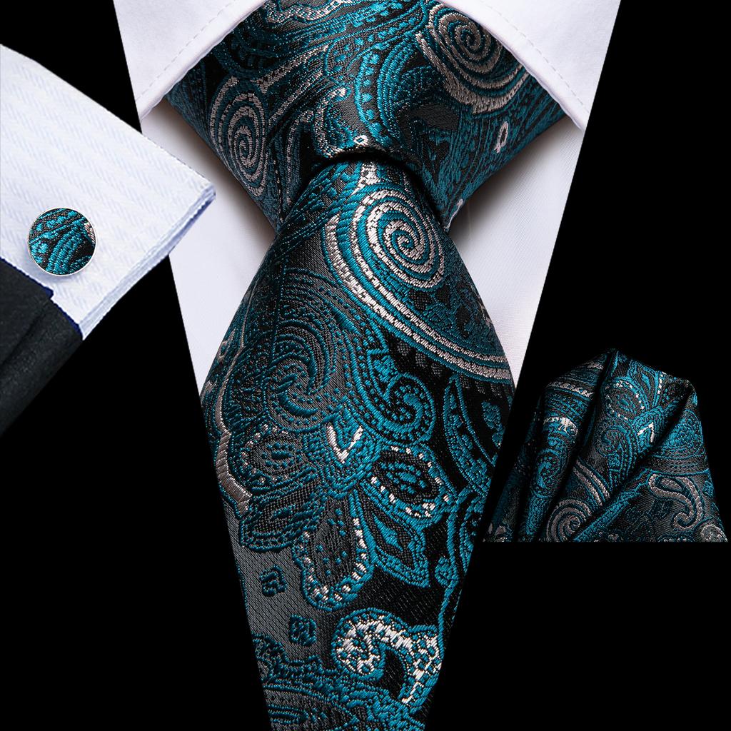 Paisley Mens Blue Tie Set Silk Woven Necktie Handkerchief Cufflinks Wedding Gift