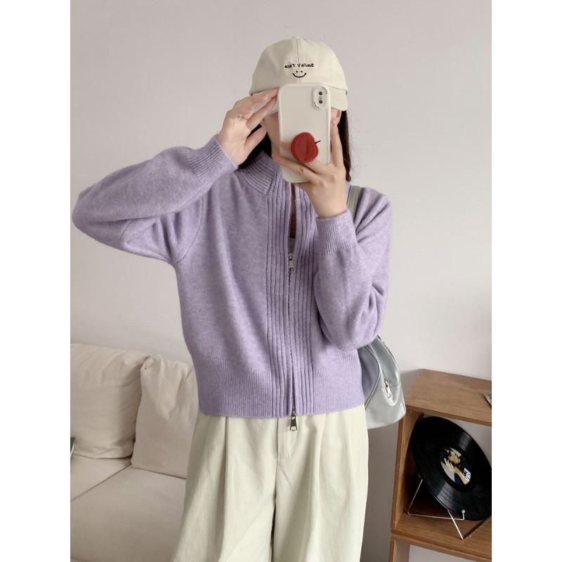 Вязаный кардиган на молнии со стойкой воротником, женский осенне-зимний, с чувством дизайна, с круглым вырезом, свободный, универсальный, короткий, повседневный свитер-куртка