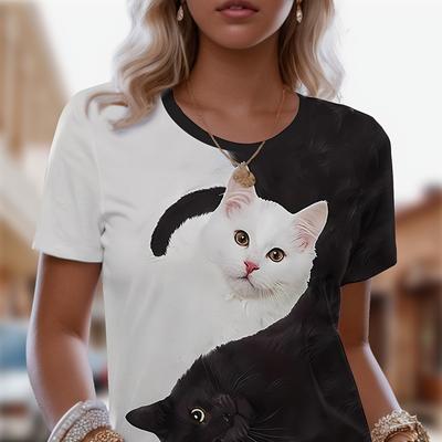 Женская футболка с милым 3D-принтом кота и черно-белым дизайном инь-янь, повседневный летний топ с короткими рукавами и круглым вырезом